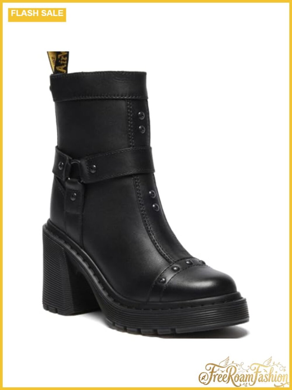 Leather Chelsea Ankle Boots Flare Heel Harness Side Zip Closed Toe